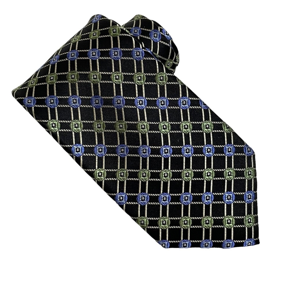 Pronto Uomo Couture Necktie‎ Silk Black Green Blue Geometric Tie